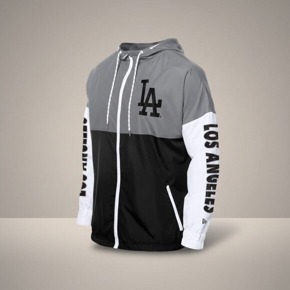 LA Dodgers New Era Windbreaker W/ LA Logo & Hood Gray/Blk/White Mens Large